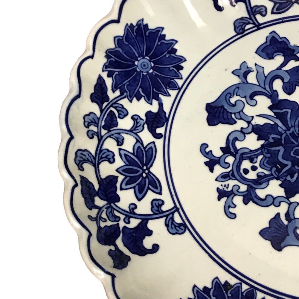 Vintage Large 10.5 Dark Blue White Floral Asian Plate Stoneware Charger Plate - Picture 4 of 6